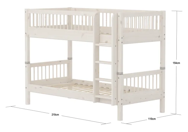 FLEXA Classic Etagenbett 90x200 cm mit Streben Absturzsicherung weiß lasiert
