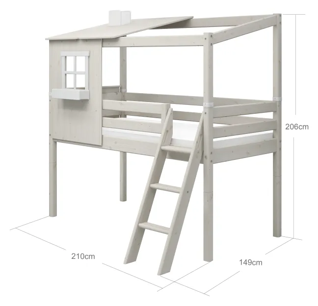 FLEXA Classic halbhohes Bett mit halbem Baumhaus Aufsatz weiß lasiert/weiß