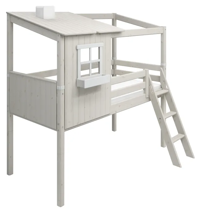 FLEXA Classic halbhohes Bett mit halbem Baumhaus Aufsatz weiß lasiert/weiß