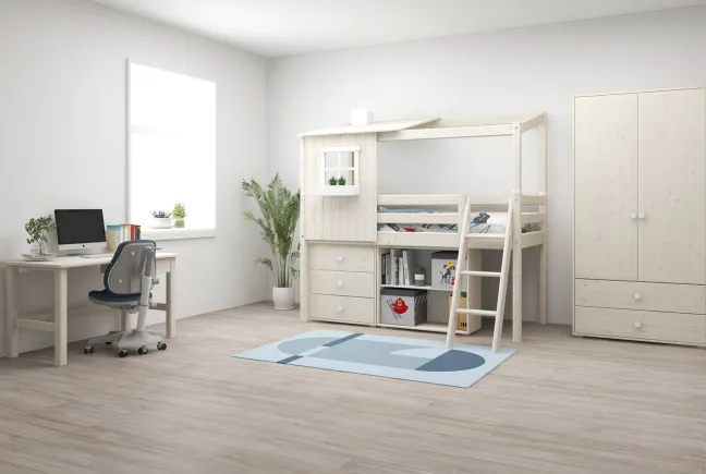 FLEXA Classic halbhohes Bett mit halbem Baumhaus Aufsatz weiß lasiert/weiß
