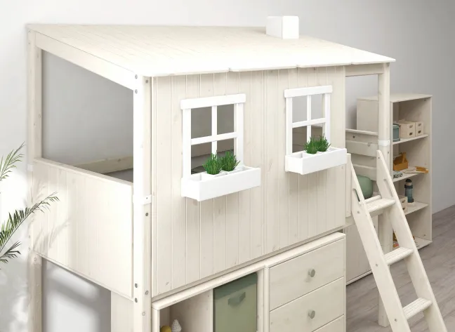FLEXA Classic halbhohes Bett mit ganzem Baumhaus Aufsatz weiß lasiert/weiß