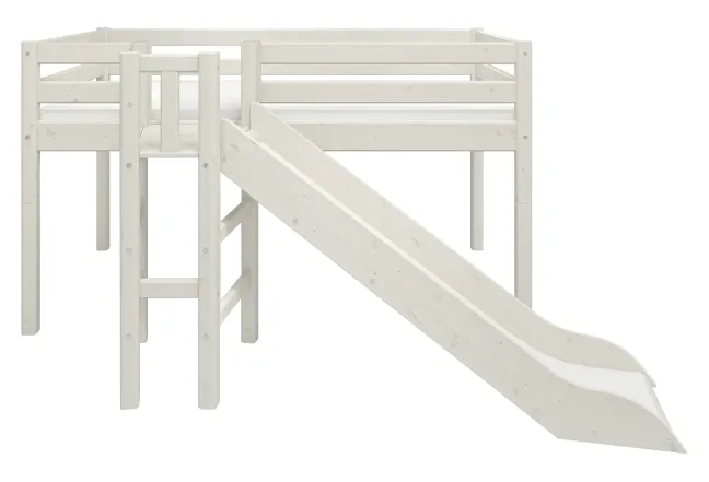 FLEXA Classic Halbhohes Bett mit Plattform und Rutsche weiß lasiert