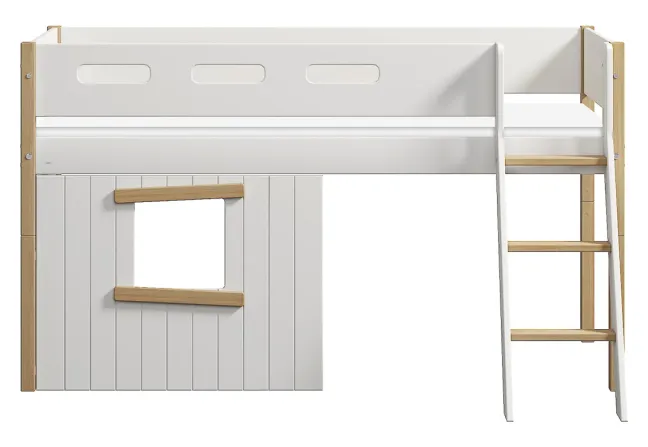 FLEXA Nor halbhohes Bett mit Schrägleiter und Baumhaus Panelen weiß/Eiche
