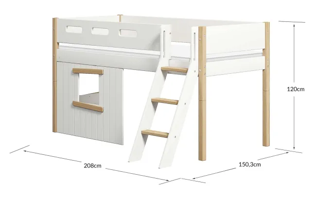 FLEXA Nor halbhohes Bett mit Schrägleiter und Baumhaus Panelen weiß/Eiche