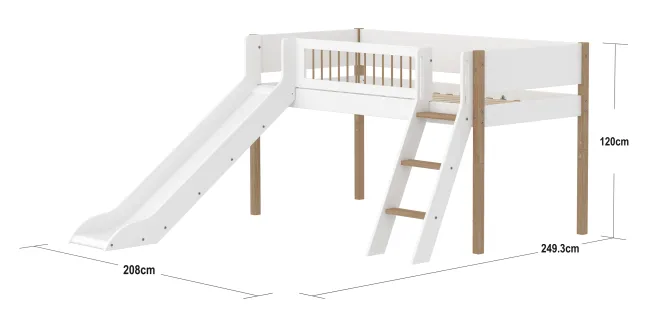 FLEXA Nor Halbhohes Bett mit Schrägleiter, Rutsche und Streben Absturzsicherung weiß/eiche