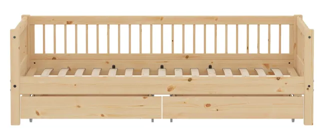 FLEXA RAW Classic Einzelbett 90x200 cm mit Streben Absturzsicherung und Schubladen natur