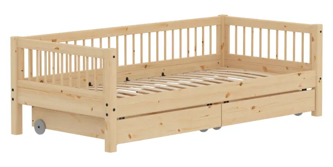 FLEXA RAW Classic Einzelbett 90x200 cm mit Streben Absturzsicherung und Schubladen natur