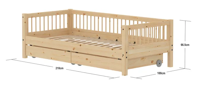 FLEXA RAW Classic Einzelbett 90x200 cm mit Streben Absturzsicherung und Schubladen natur