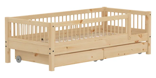 FLEXA RAW Classic Einzelbett 90x200 cm mit 3/4 Streben Absturzsicherung und Schubladen natur