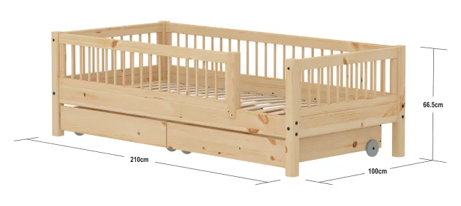 FLEXA RAW Classic Einzelbett 90x200 cm mit 3/4 Streben Absturzsicherung und Schubladen natur