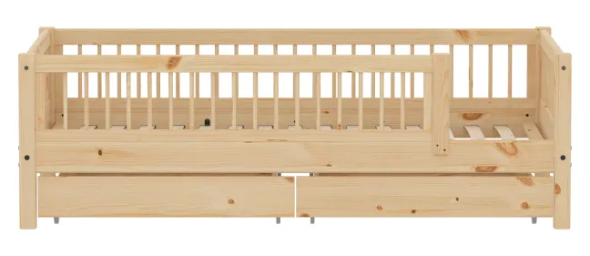 FLEXA RAW Classic Einzelbett 90x200 cm mit 3/4 Streben Absturzsicherung und Schubladen natur