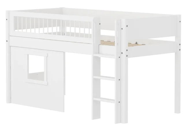 FLEXA White halbhohes Bett mit senkrechter Leiter, Baumhaus Panelen und Streben Absturzsicherung weiß