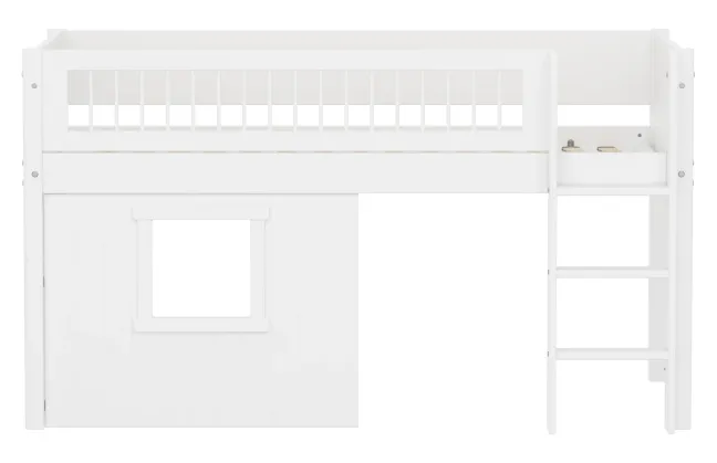 FLEXA White halbhohes Bett mit senkrechter Leiter, Baumhaus Panelen und Streben Absturzsicherung weiß
