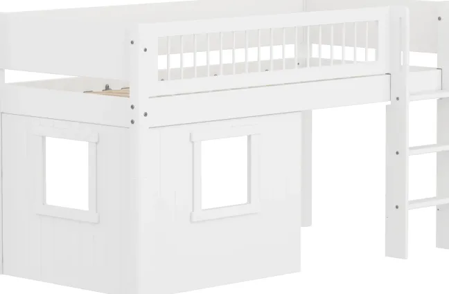 FLEXA White halbhohes Bett mit senkrechter Leiter, Baumhaus Panelen und Streben Absturzsicherung weiß