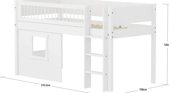 FLEXA White halbhohes Bett mit senkrechter Leiter, Baumhaus Panelen und Streben Absturzsicherung weiß