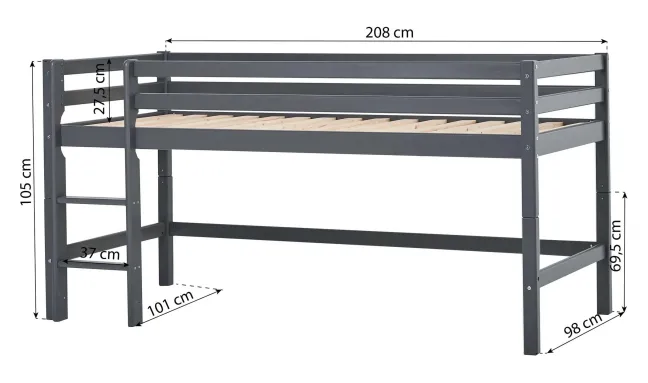 Hoppekids ECO Dream Halbhochbett 90x200cm mit gerader Leiter teilbar dunkelgrau