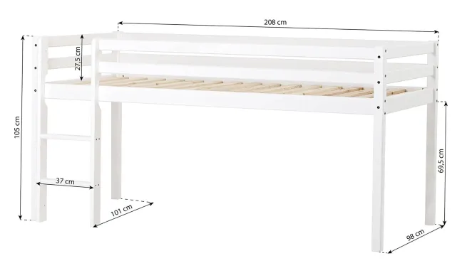 Hoppekids ECO Dream Halbhochbett 90x200cm mit gerader Leiter nicht teilbar weiß