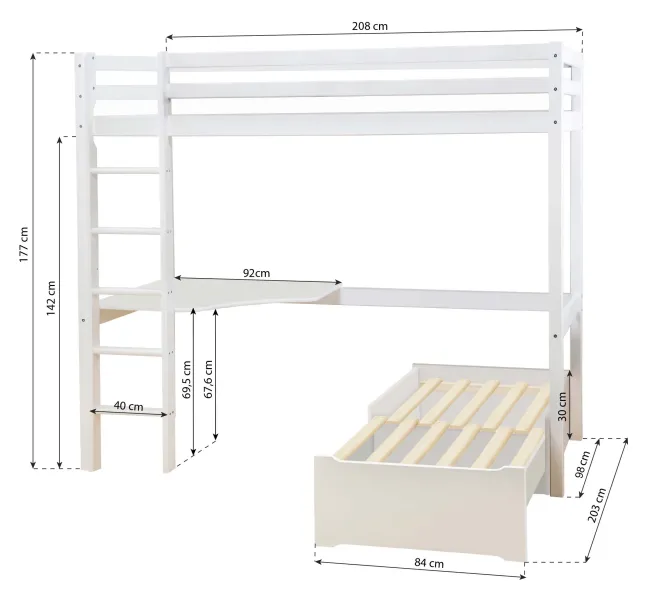 Hoppekids ECO Dream Hochbett Mega 90x200cm mit Lounge-Modul und Schreibtisch weiß
