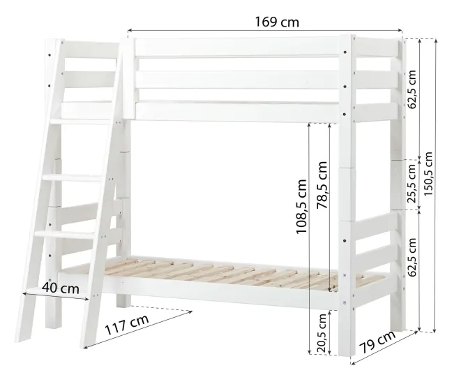 Hoppekids ECO Luxury Etagenbett Junior 70x160cm mit Rollrost und Schrägleiter weiß