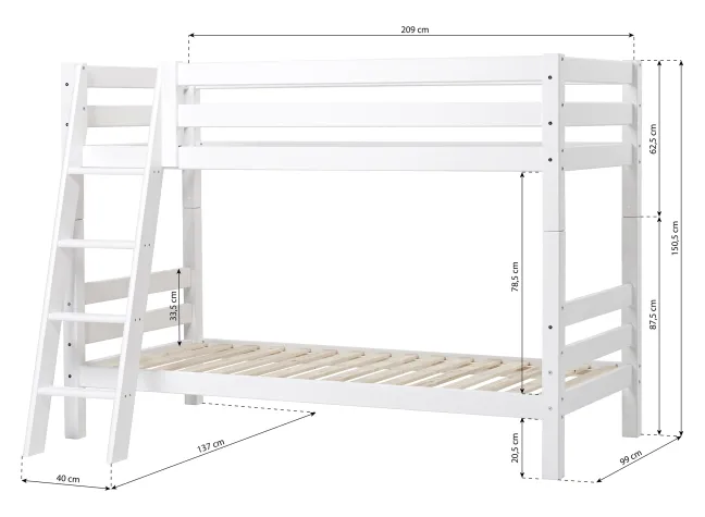 Hoppekids ECO Luxury Etagenbett 90x200cm mit Rollrost und Schrägleiter weiß