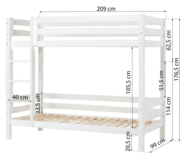 Hoppekids ECO Luxury Etagenbett hoch 90x200cm mit Rollrost und gerader Leiter weiß