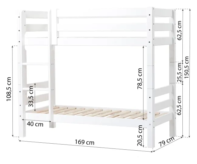 Hoppekids ECO Luxury Etagenbett Junior 70x160cm mit Rollrost und gerader Leiter weiß
