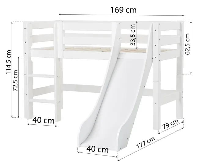Hoppekids ECO Luxury Halbhochbett Junior 70x160cm mit Rollrost, Rutsche und gerader Leiter weiß