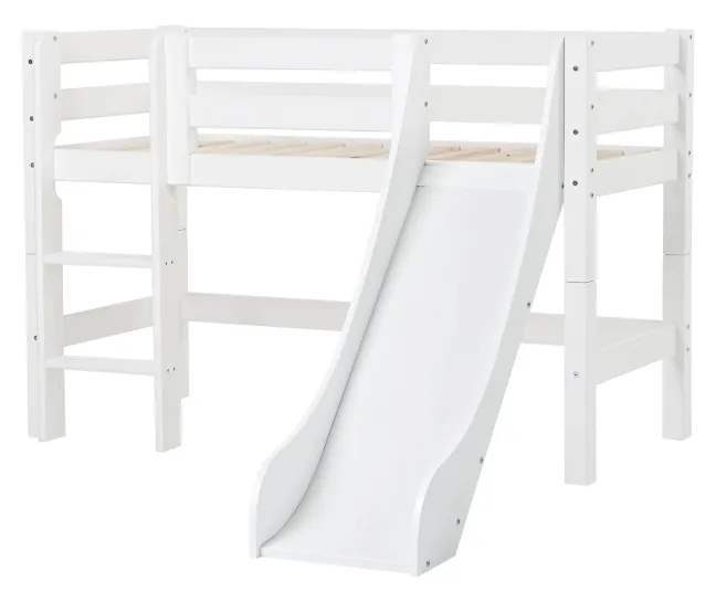 Hoppekids ECO Luxury Halbhochbett Junior 70x160cm mit Rollrost, Rutsche und gerader Leiter weiß