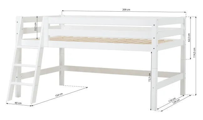 Hoppekids ECO Luxury Halbhochbett 120x200cm mit Rollrost und Schrägleiter weiß