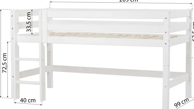 Hoppekids ECO Luxury Halbhochbett 90x200cm mit Rollrost und gerader Leiter weiß