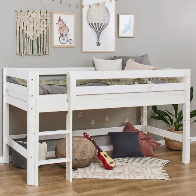 Hoppekids ECO Luxury Halbhochbett 90x200cm mit Rollrost und gerader Leiter weiß