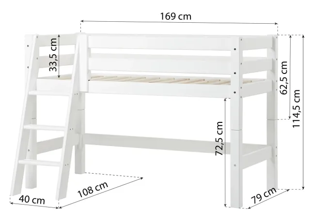 Hoppekids ECO Luxury Halbhochbett Junior 70x160cm mit Rollrost und Schrägleiter weiß