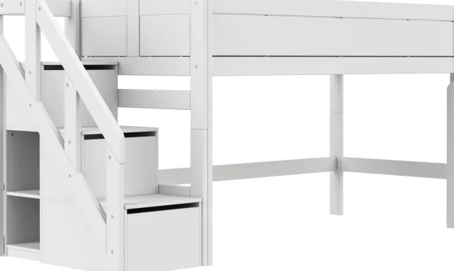 Lifetime halbhohes Bett 90x200cm mit Treppe und Rollboden weiß lackiert