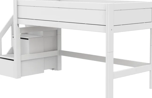 Lifetime halbhohes Bett 90x200cm mit Treppe und Rollboden weiß lackiert