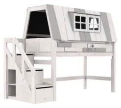 Lifetime Hangout halbhohes Bett 90x200cm mit Rollboden und Treppe whitewash