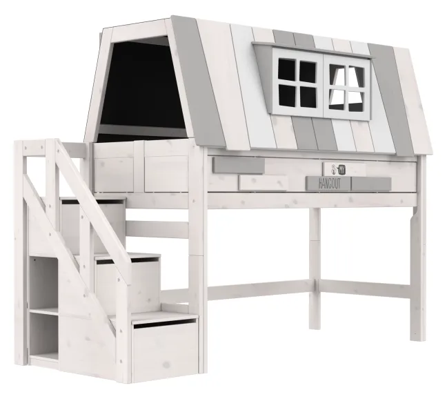 Lifetime Hangout halbhohes Bett 90x200cm mit Rollboden und Treppe whitewash
