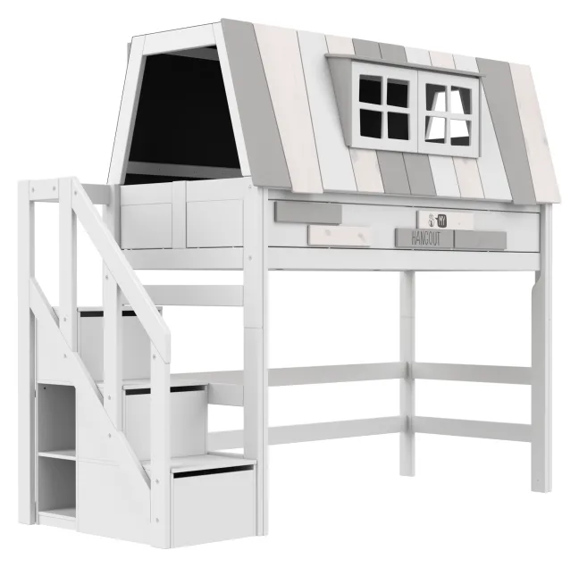 Lifetime Hangout Hochbett 152cm 90x200cm mit Rollboden und Treppe weiß lackiert