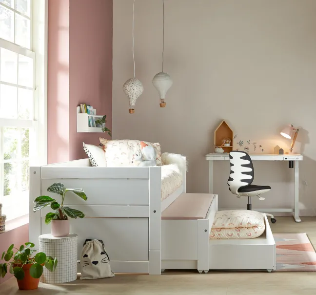 Lifetime Kojenbett 90x200cm mit Gästebett, Bettkasten und Rollboden weiß lackiert