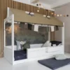 Lifetime Montessori Bett 90x200cm mit Dachaufsatz weiß lackiert inkl. Himmel & Stoffrückwand Panda Paradise und Absturzsicherung weiß lackiert