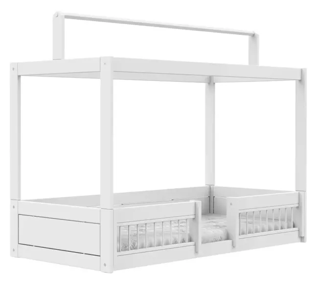 Lifetime Montessori Bett 90x200cm mit Dachaufsatz und Absturzsicherung weiß lackiert
