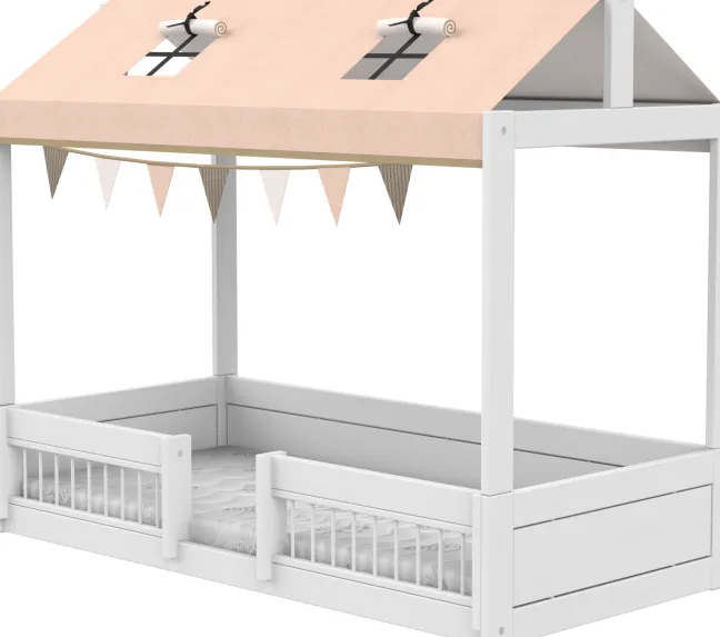 Lifetime Montessori Bett 90x200cm mit Dachaufsatz und Absturzsicherung weiß lackiert inkl. Himmel Happy Rabbit