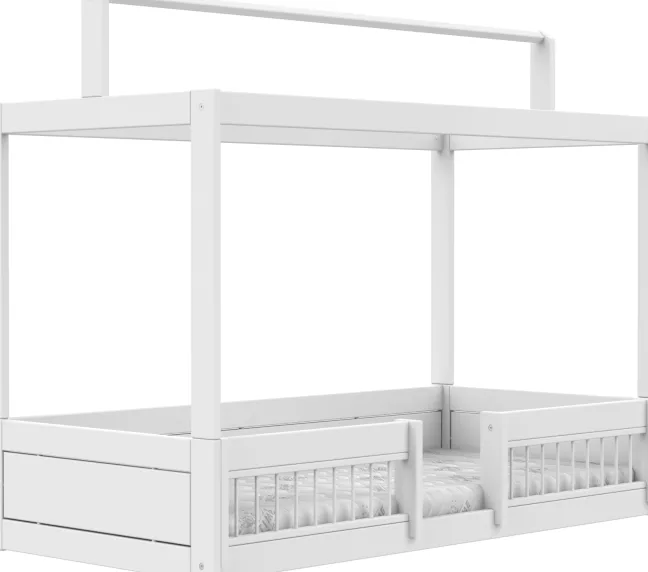 Lifetime Montessori Bett 90x200cm mit Dachaufsatz und Absturzsicherung weiß lackiert inkl. Himmel Happy Rabbit