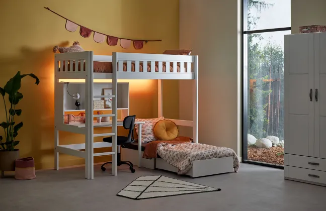 Lifetime Norden Hochbett 90x200cm mit Rollboden, Schreibtisch, Regal und Sofabett weiß