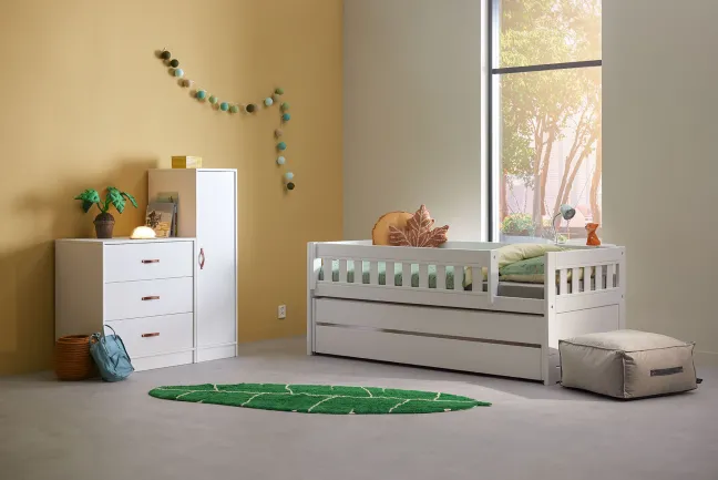 Lifetime Norden Kojenbett 90x200cm mit Rollboden, Absturzsicherung, Gästebett und Bettkasten weiß lackiert