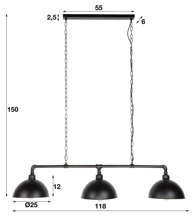 Rubjerg Design Hängeleuchte Halbkugel 3 Leuchten Metall schwarz