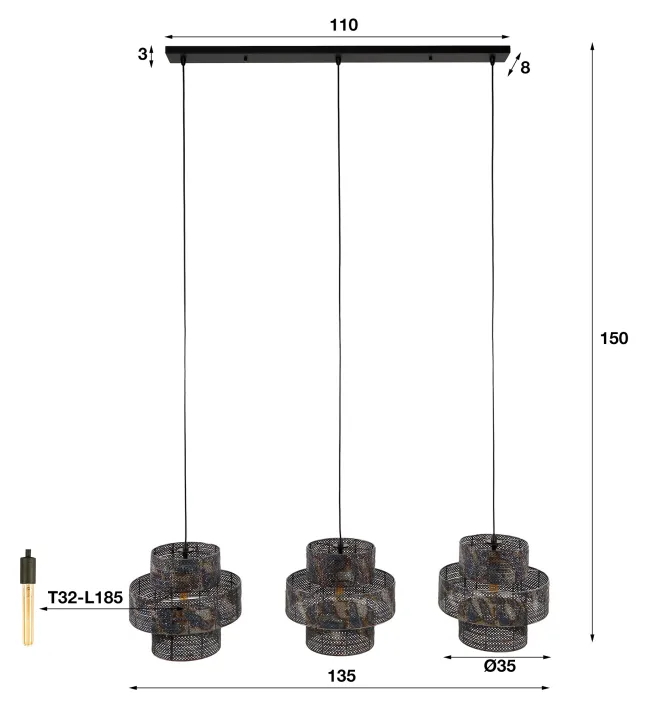 Rubjerg Design Hängeleuchte Lantern 3 Leuchten Metall schwarz/braun