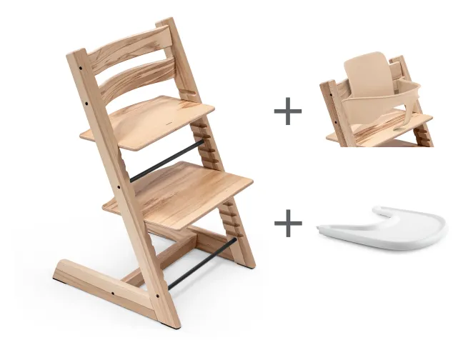 STOKKE® Mega Set Tripp Trapp® Buche Wild Wood natur + Babyset² natur + Tray Tisch weiß