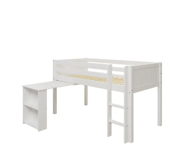 THUKA Nordic halbhohes Bett Romantic mit gerader Leiter und ausziehbarem Schreibtisch weiß