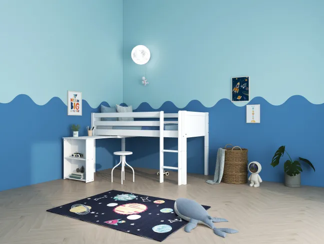 THUKA Nordic halbhohes Bett Romantic mit gerader Leiter und ausziehbarem Schreibtisch weiß