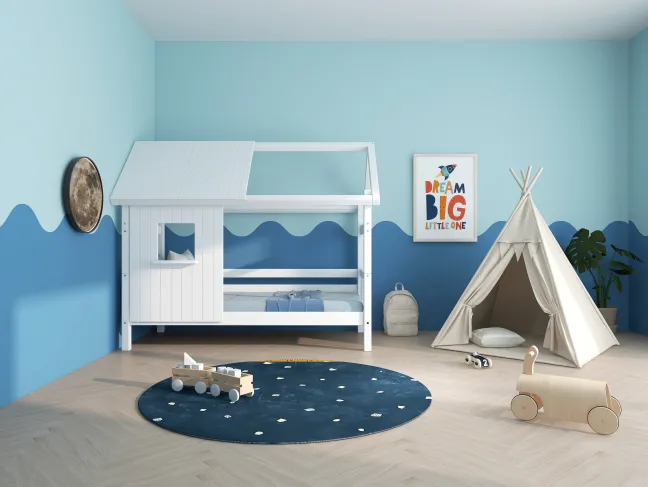 THUKA Nordic Hausbett Crossbar mit halb geschlossener Front und Dachpanele weiß